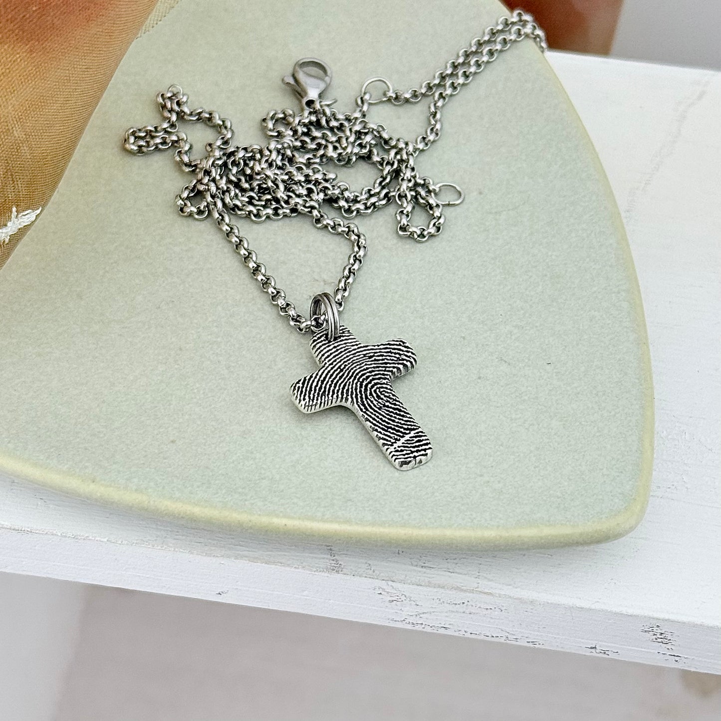 Small Silver Fingerprint Cross Memorial Pendant