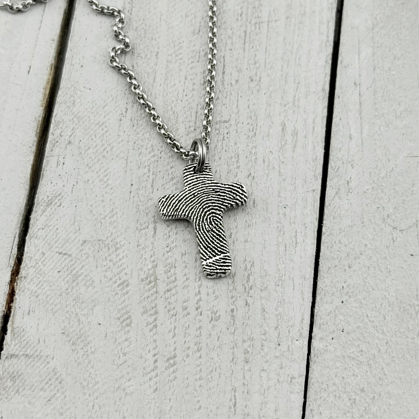 Small Silver Fingerprint Cross Memorial Pendant