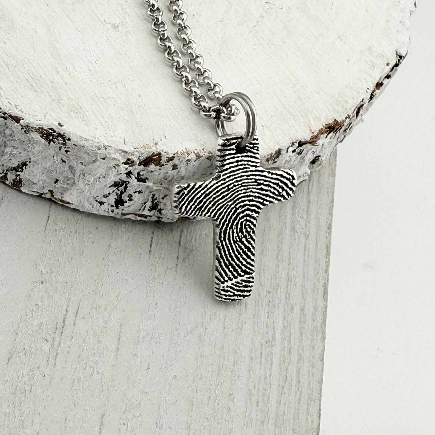 Small Silver Fingerprint Cross Memorial Pendant