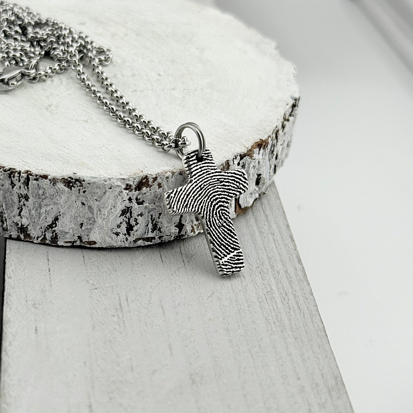 Small Silver Fingerprint Cross Memorial Pendant