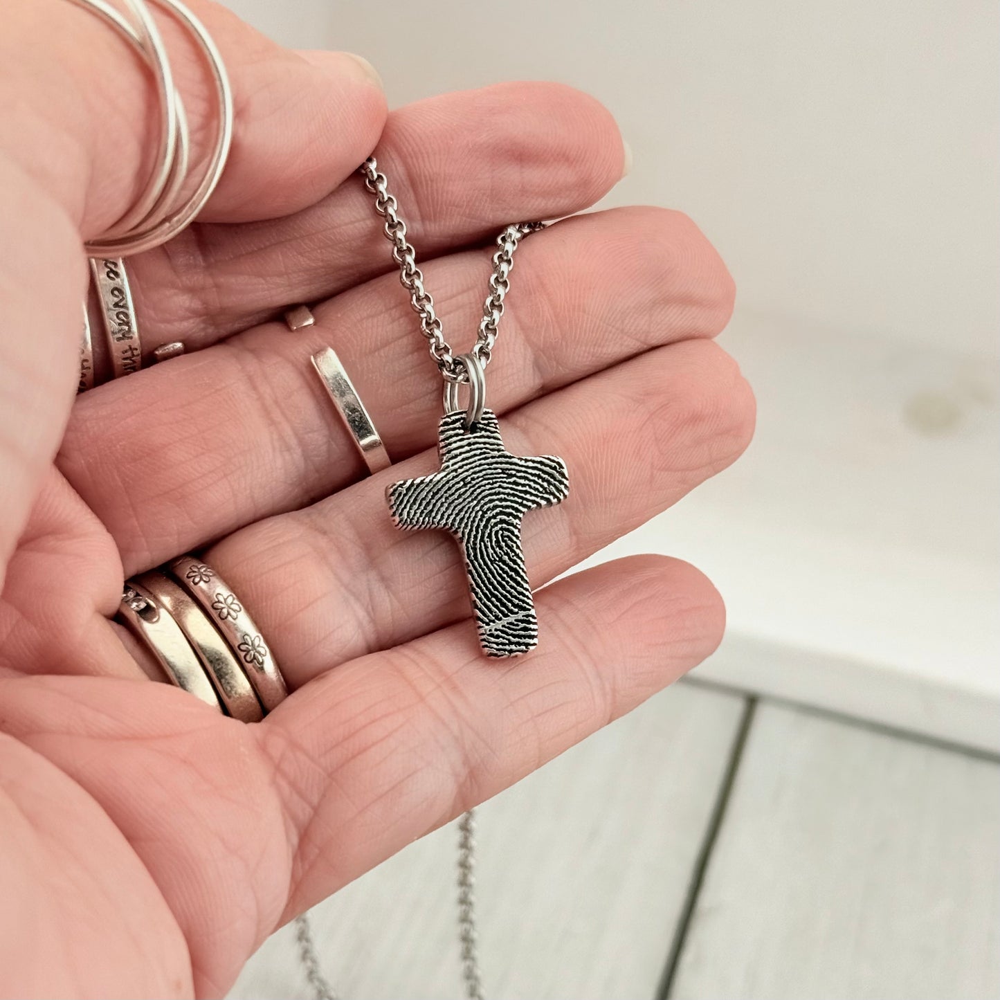 Small Silver Fingerprint Cross Memorial Pendant