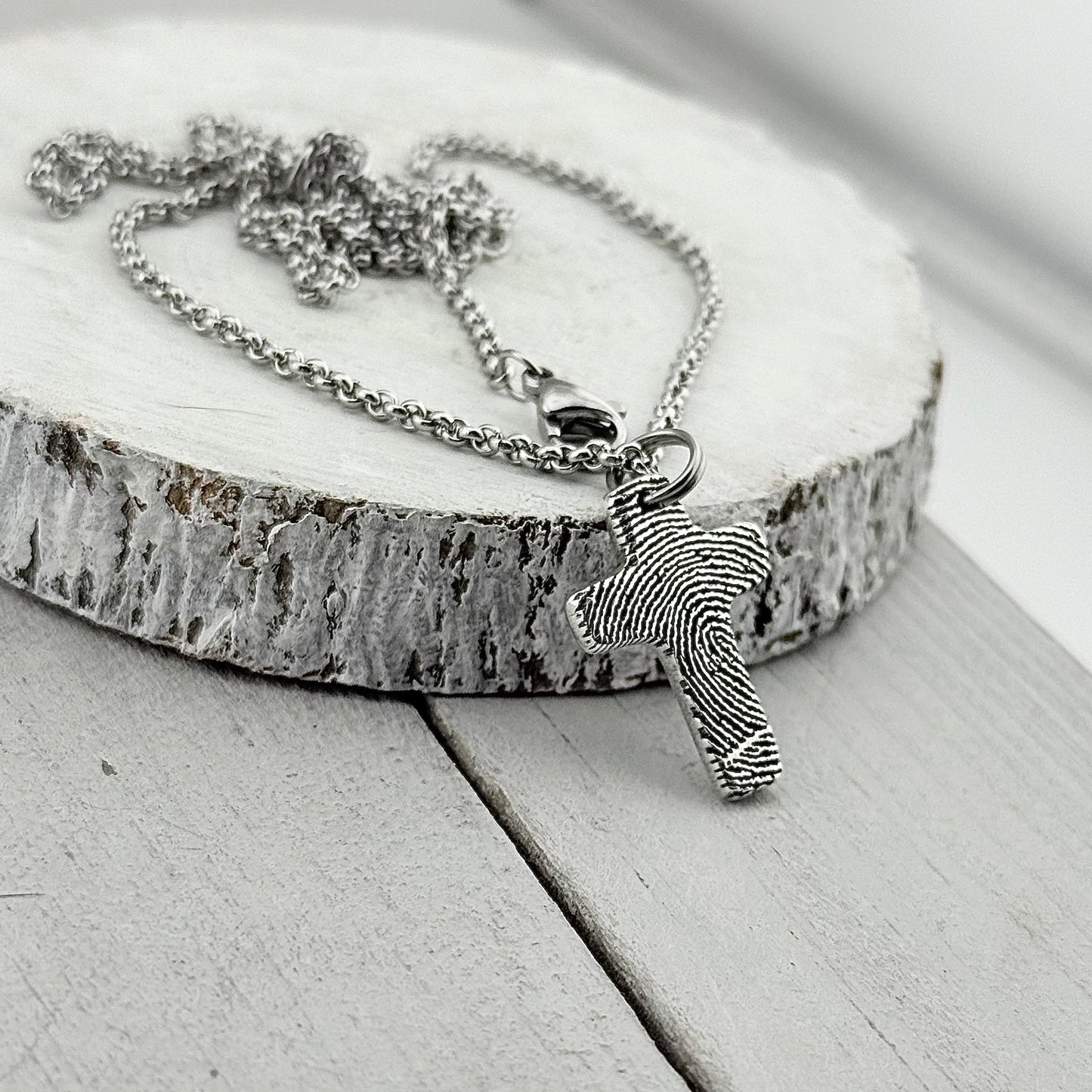 Small Silver Fingerprint Cross Memorial Pendant