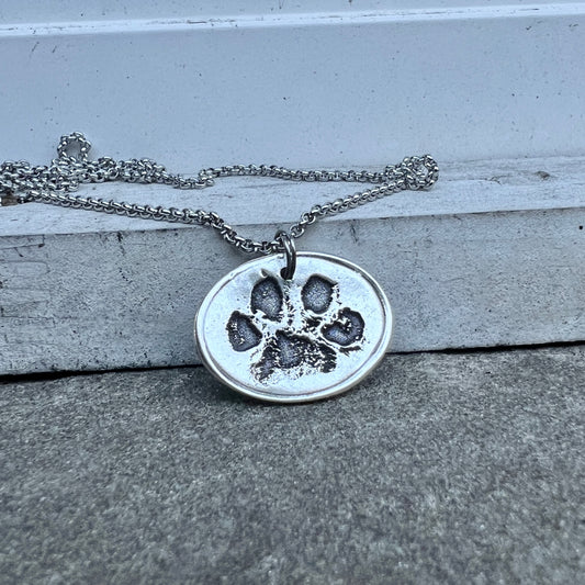 Real Paw Print Charm Necklace in Sterling Silver, Oval Shape