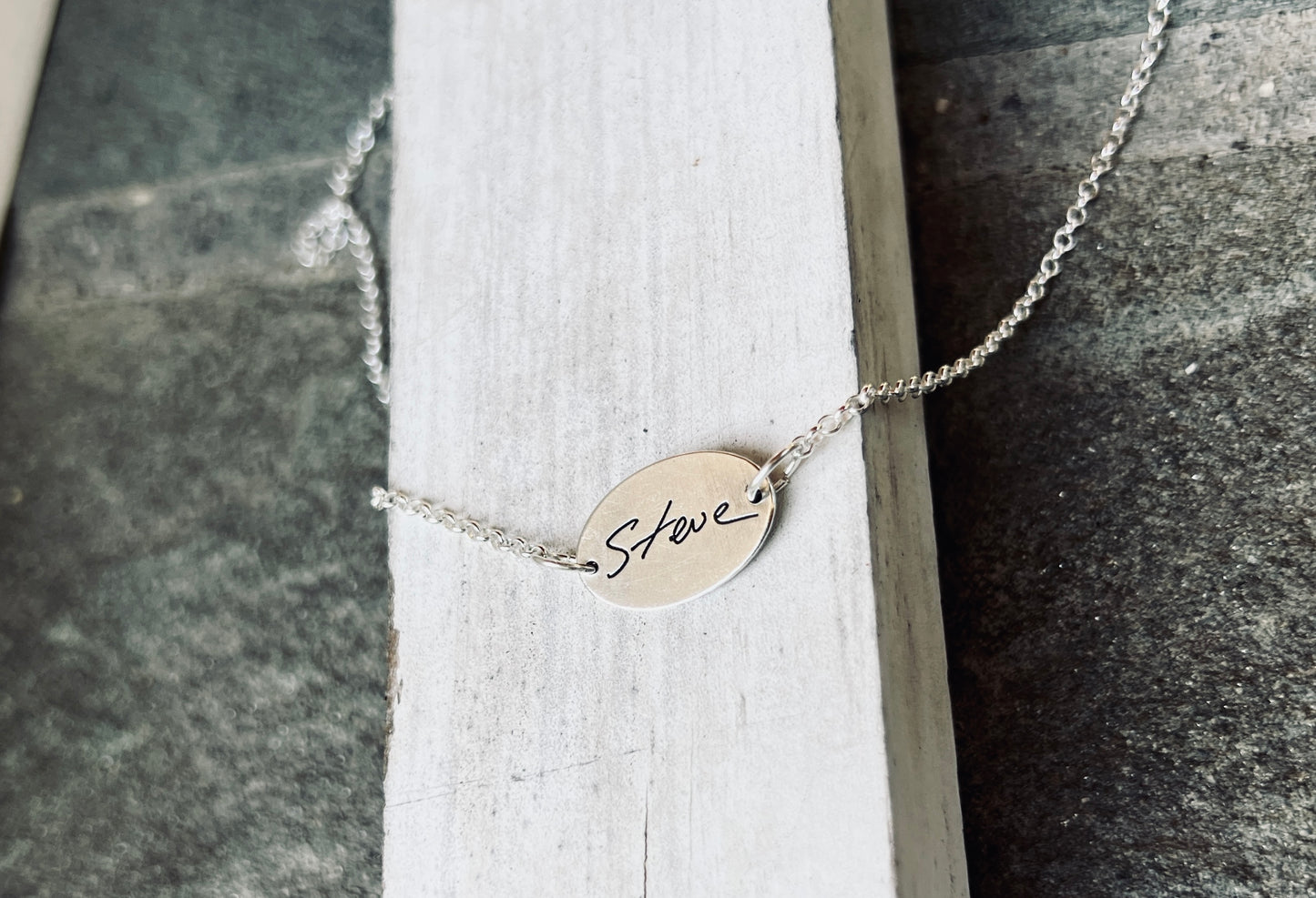 Fingerprint Necklace with Handwriting on the Back, Solid Sterling Silver