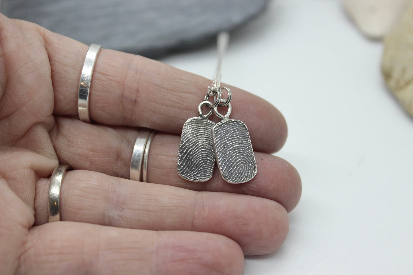 Small Sterling Silver Fingerprint Charm in Dog Tag Shape