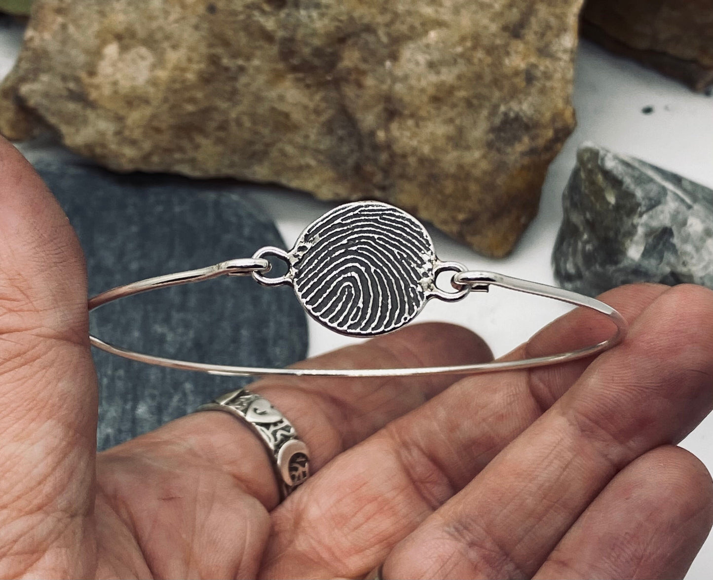 Fingerprint Bangle Bracelet in Solid Sterling Silver