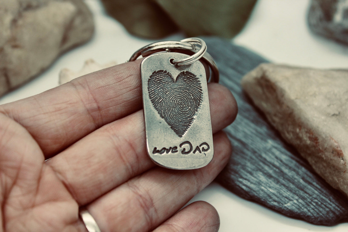 Heart Shaped Fingerprint Keychain with Handwriting