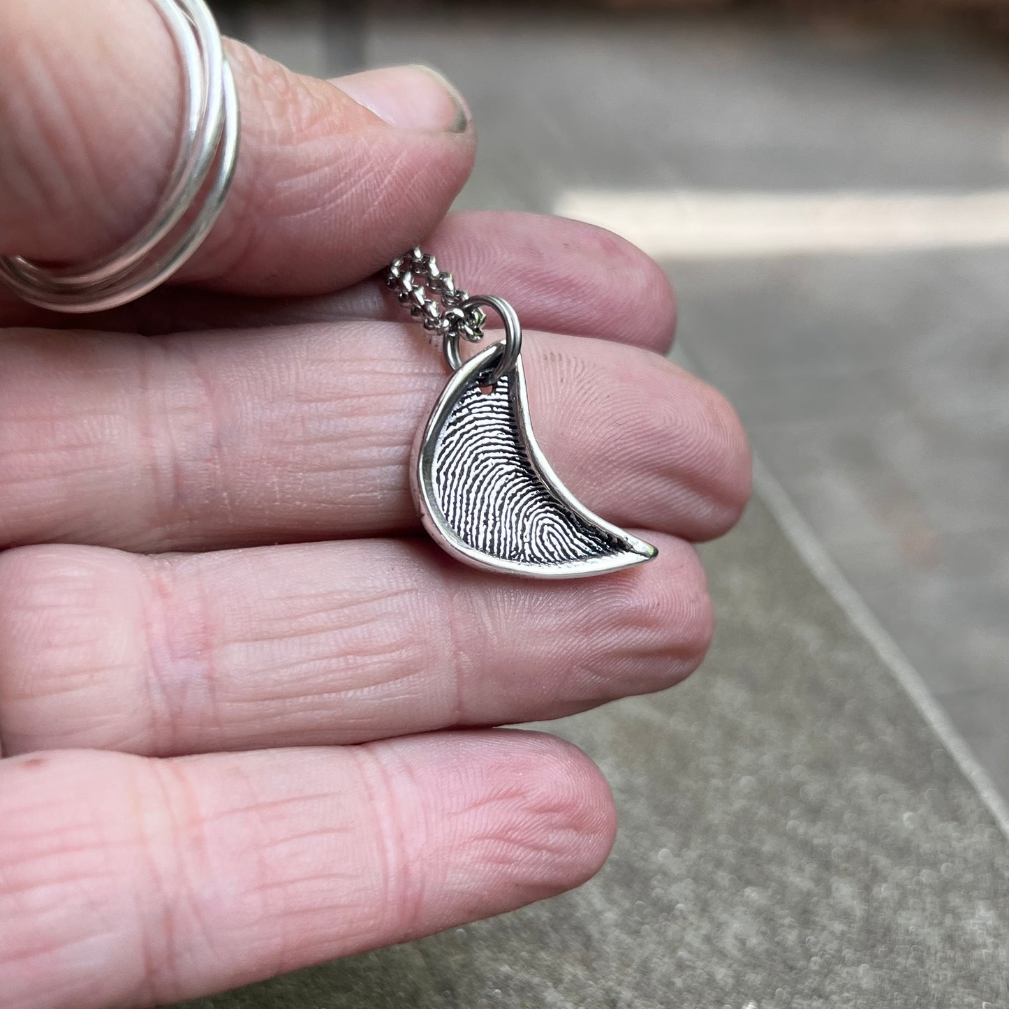 Silver Moon Fingerprint Pendant, Fingerprint deeply engraved in pure silver with raised silver framing the fingerprint