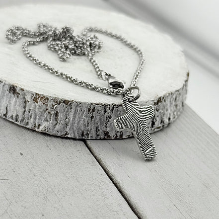 Small Silver Fingerprint Cross Memorial Pendant