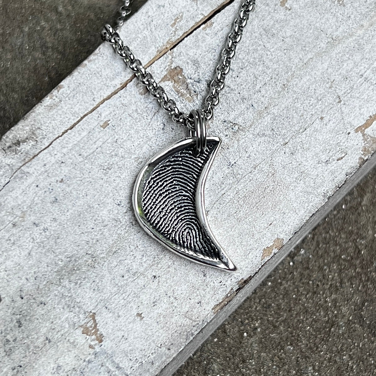 Silver Moon Fingerprint Pendant, Fingerprint deeply engraved in pure silver with raised silver framing the fingerprint