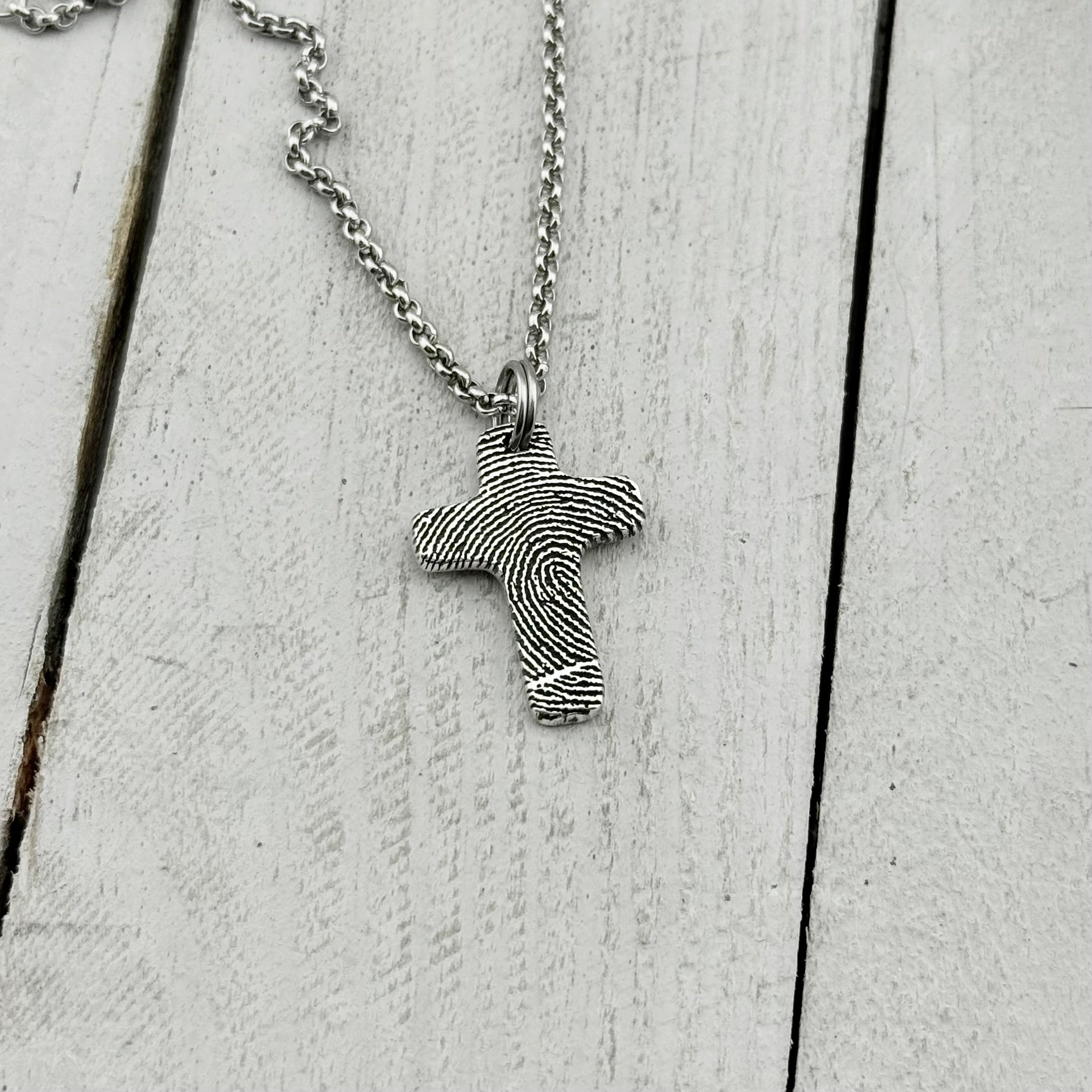 Small Silver Fingerprint Cross Memorial Pendant