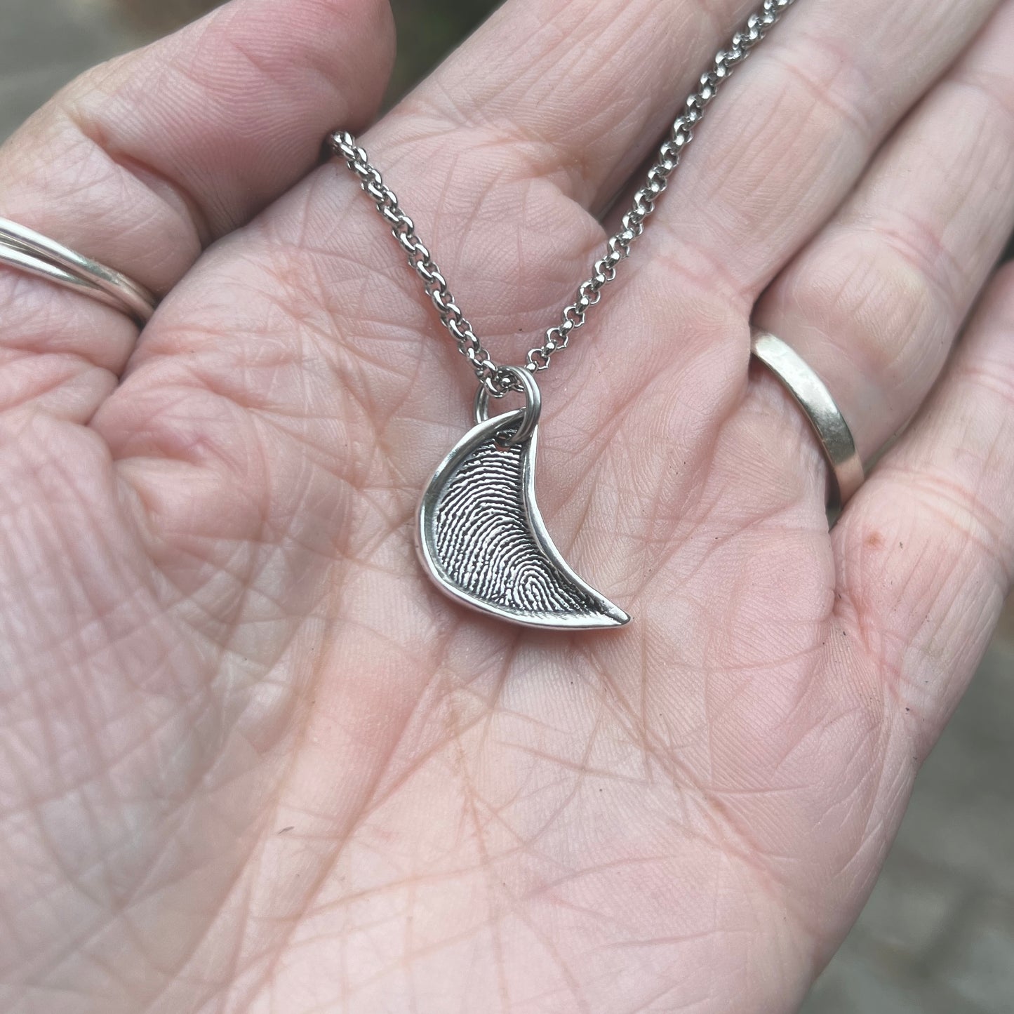 Silver Moon Fingerprint Pendant, Fingerprint deeply engraved in pure silver with raised silver framing the fingerprint