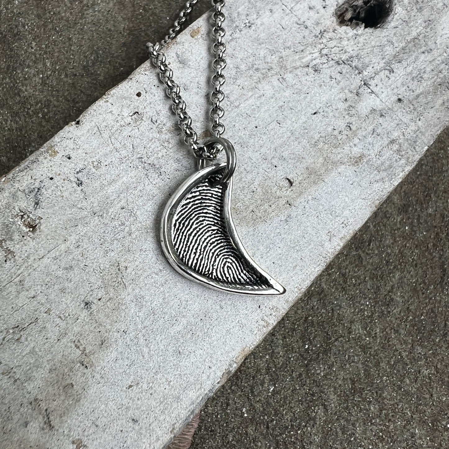 Silver Moon Fingerprint Pendant, Fingerprint deeply engraved in pure silver with raised silver framing the fingerprint
