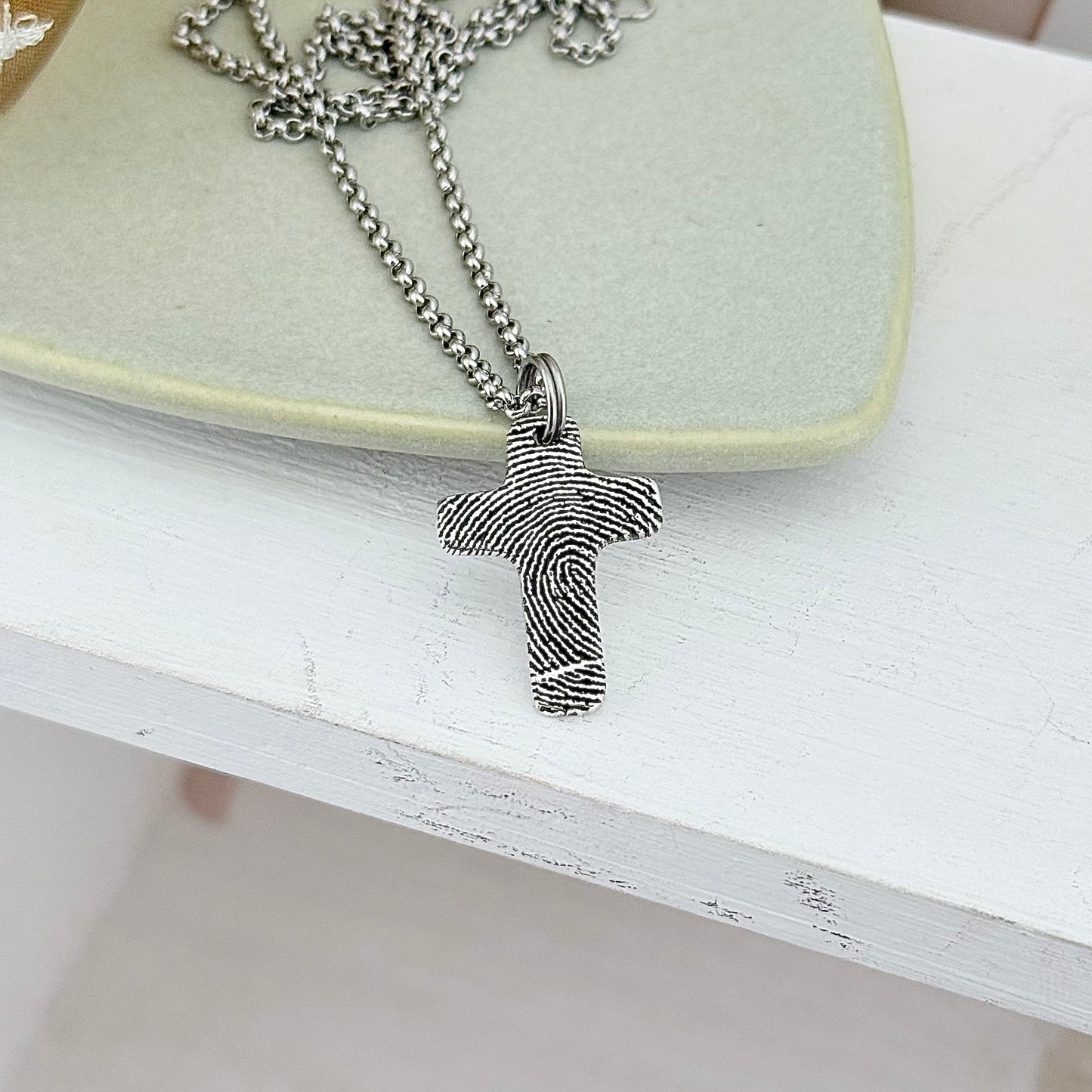 Small Silver Fingerprint Cross Memorial Pendant