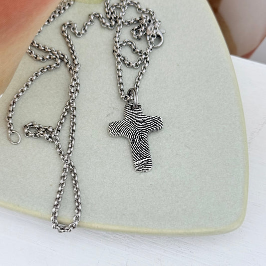 Small Silver Fingerprint Cross Memorial Pendant