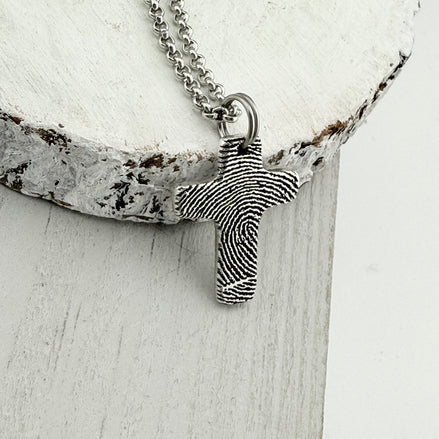 Small Silver Fingerprint Cross Memorial Pendant