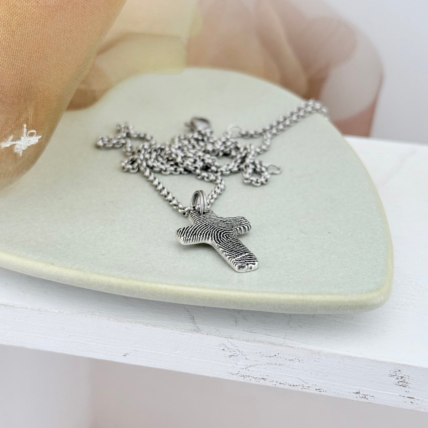 Small Silver Fingerprint Cross Memorial Pendant