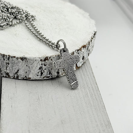 Small Silver Fingerprint Cross Memorial Pendant