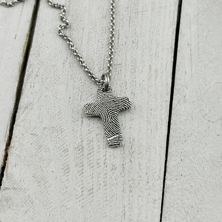 Small Silver Fingerprint Cross Memorial Pendant