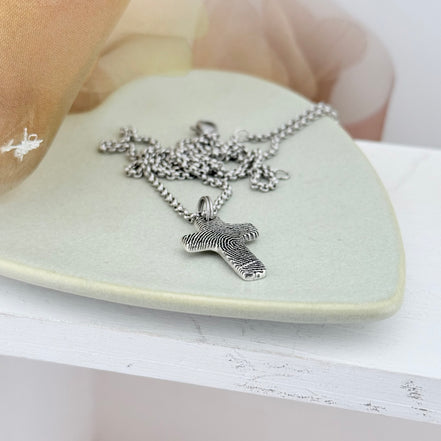 Small Silver Fingerprint Cross Memorial Pendant