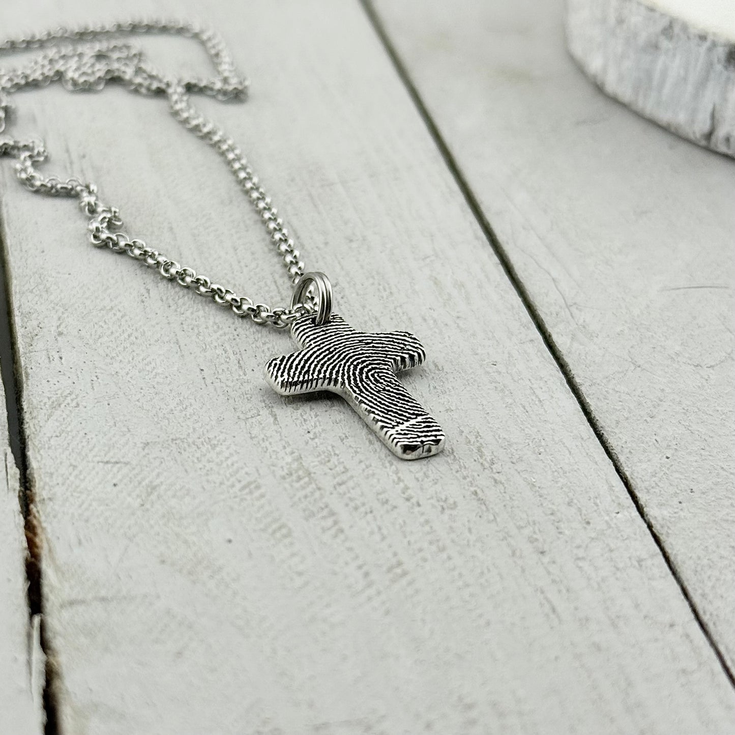 Small Silver Fingerprint Cross Memorial Pendant