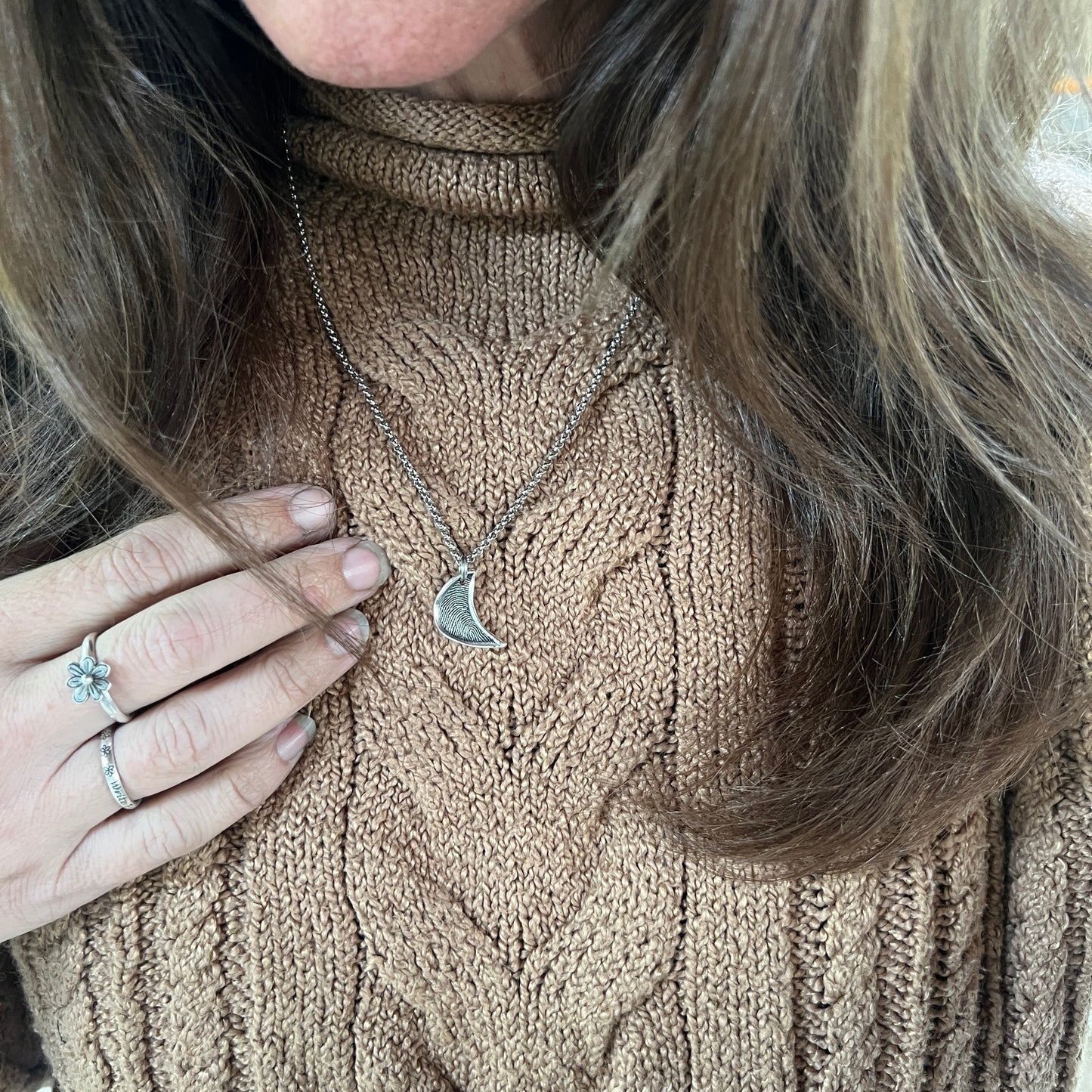 Silver Moon Fingerprint Pendant, Fingerprint deeply engraved in pure silver with raised silver framing the fingerprint