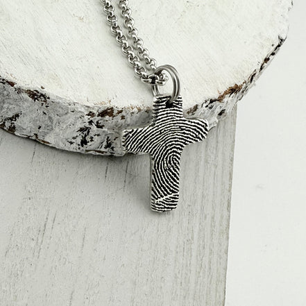 Small Silver Fingerprint Cross Memorial Pendant