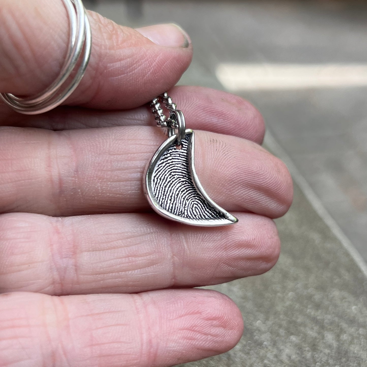 Silver Moon Fingerprint Pendant, Fingerprint deeply engraved in pure silver with raised silver framing the fingerprint