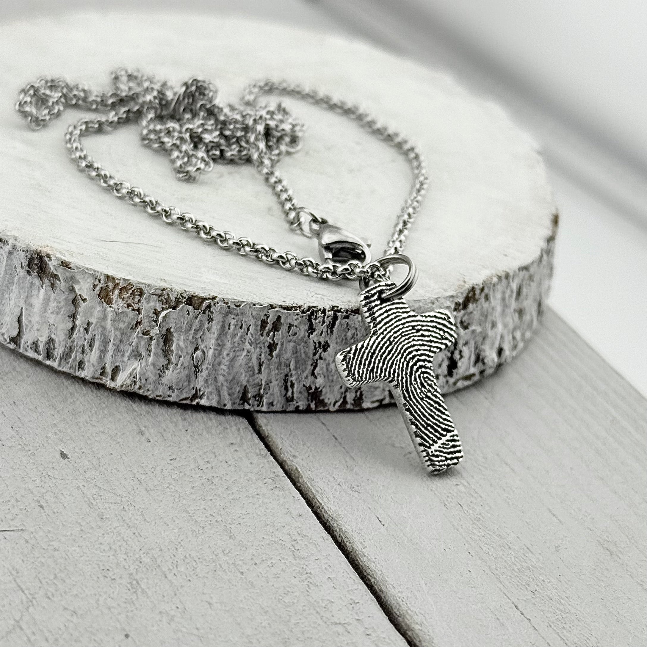 Small Silver Fingerprint Cross Memorial Pendant