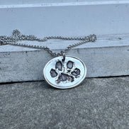 Real Paw Print Charm Necklace in Sterling Silver, Oval Shape