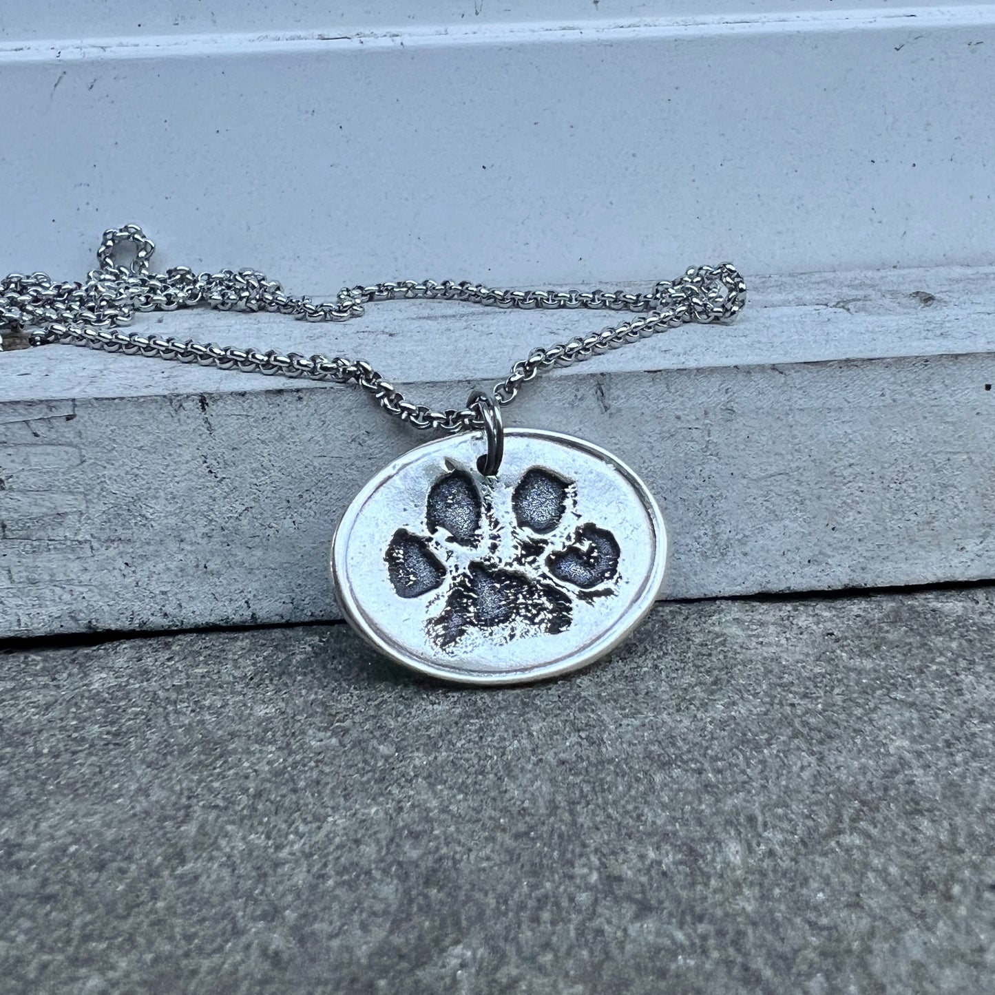 Real Paw Print Charm Necklace in Sterling Silver, Oval Shape