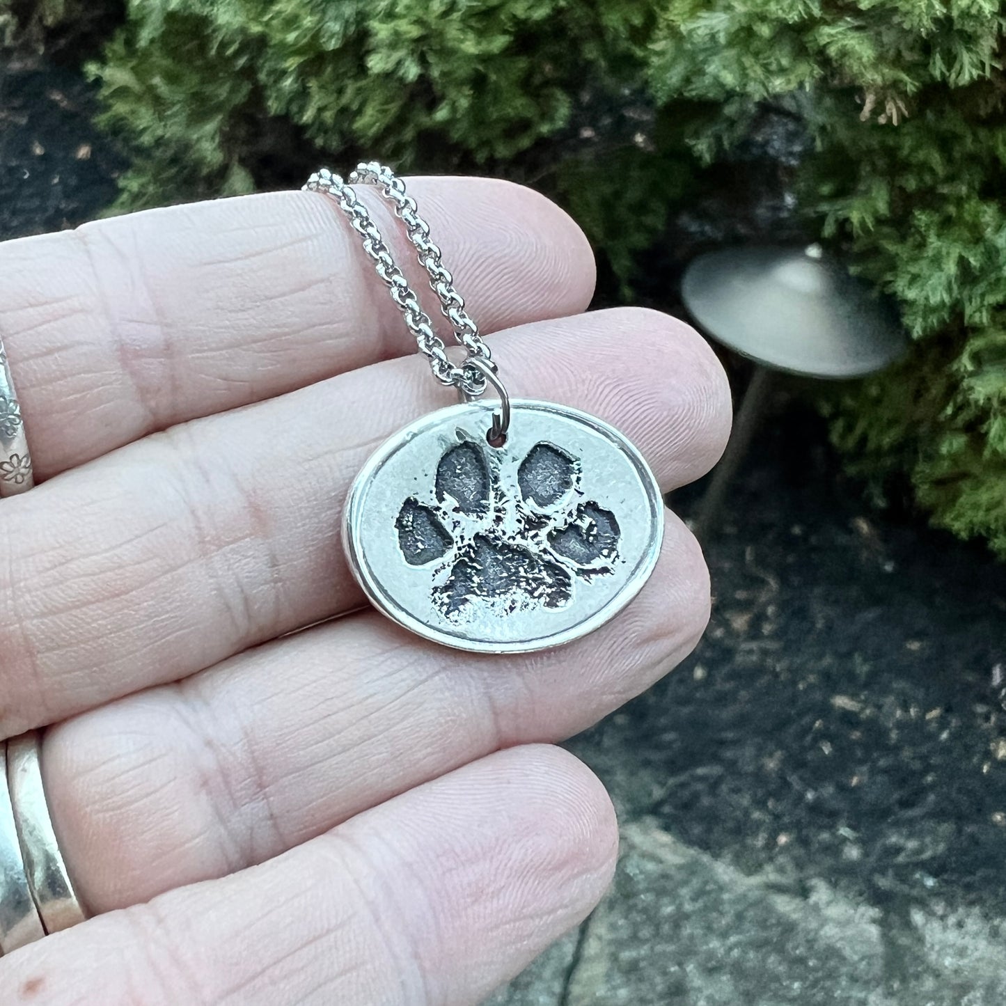 Real Paw Print Charm Necklace in Sterling Silver, Oval Shape