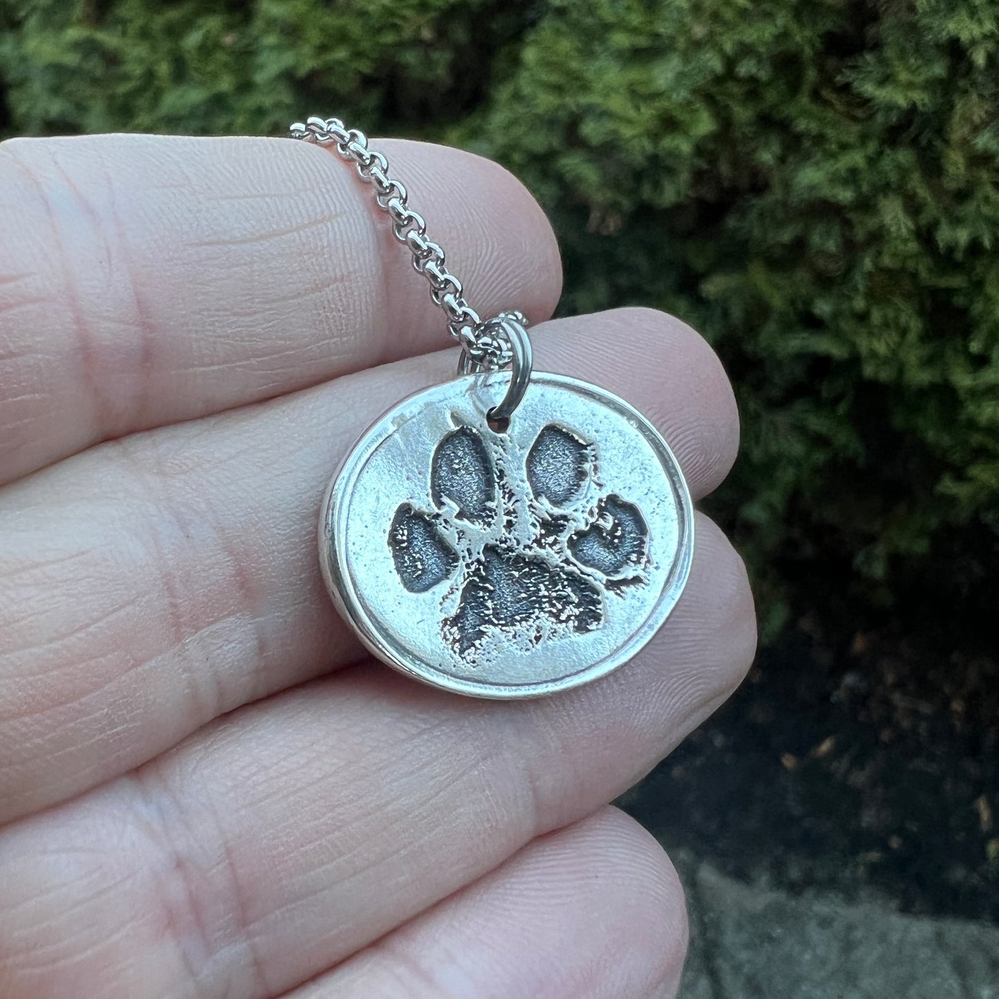 Real Paw Print Charm Necklace in Sterling Silver, Oval Shape