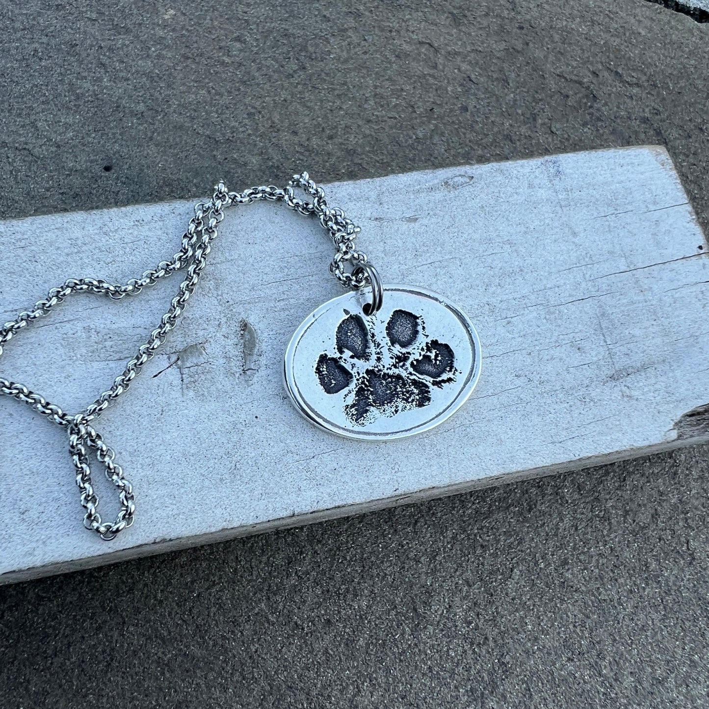 Real Paw Print Charm Necklace in Sterling Silver, Oval Shape