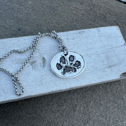 Real Paw Print Charm Necklace in Sterling Silver, Oval Shape