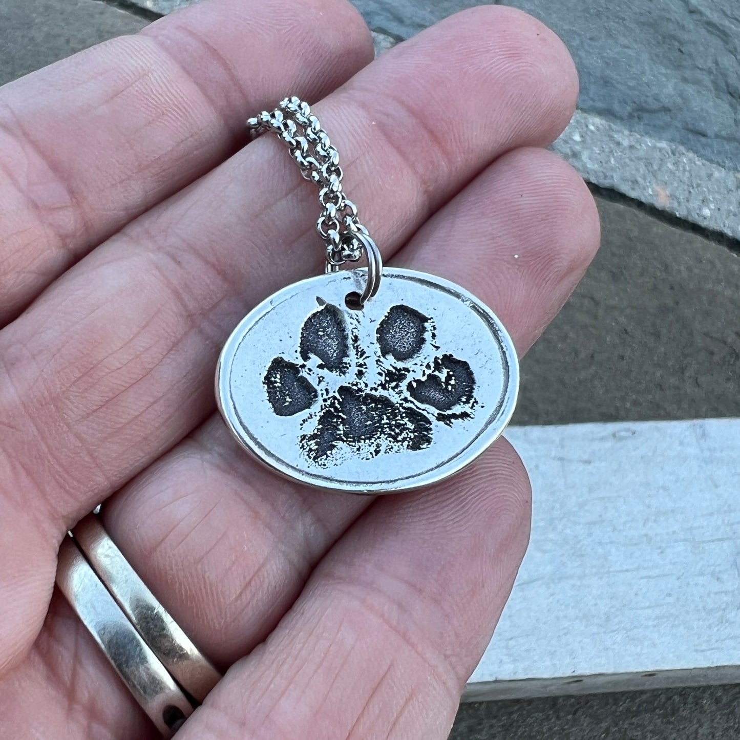 Real Paw Print Charm Necklace in Sterling Silver, Oval Shape