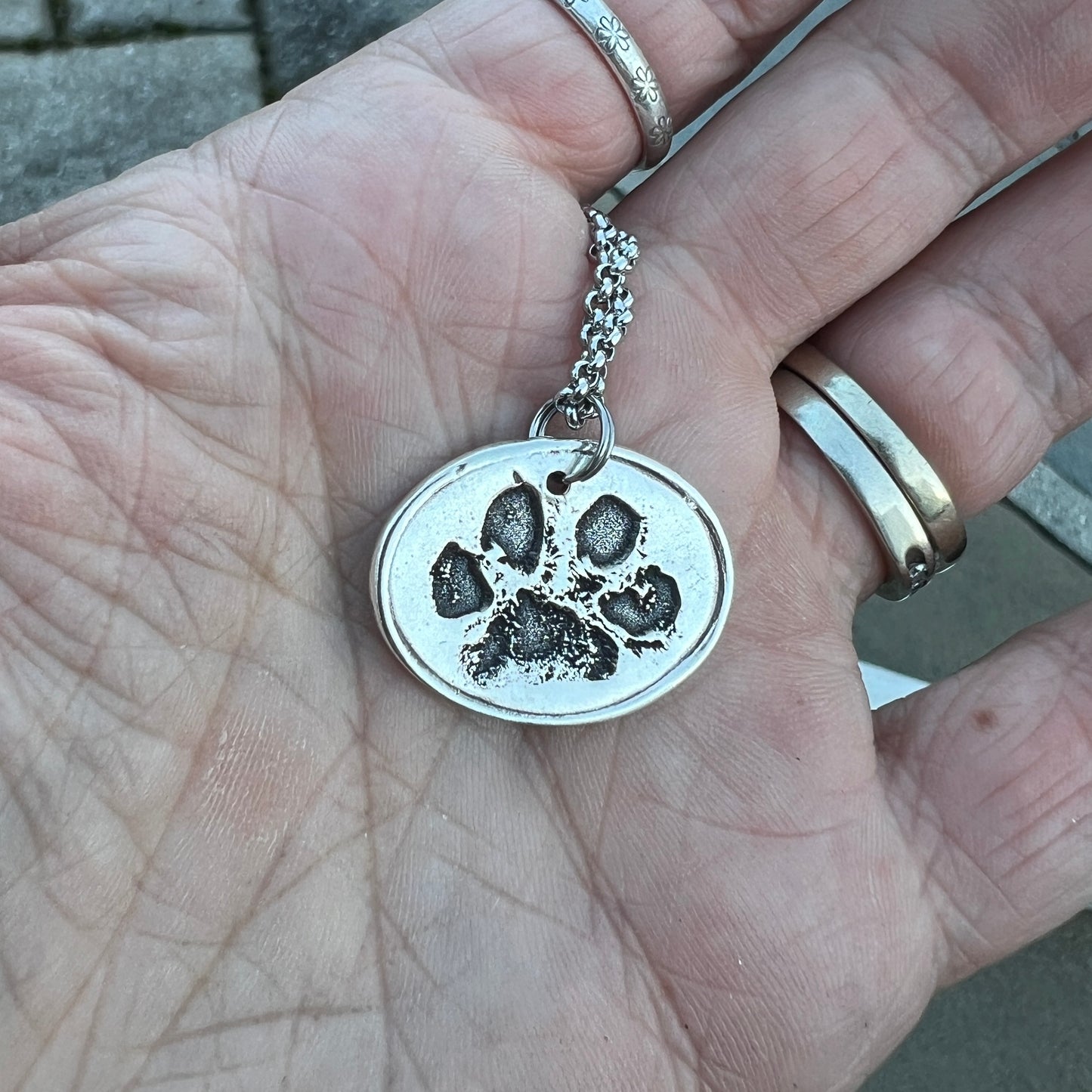 Real Paw Print Charm Necklace in Sterling Silver, Oval Shape