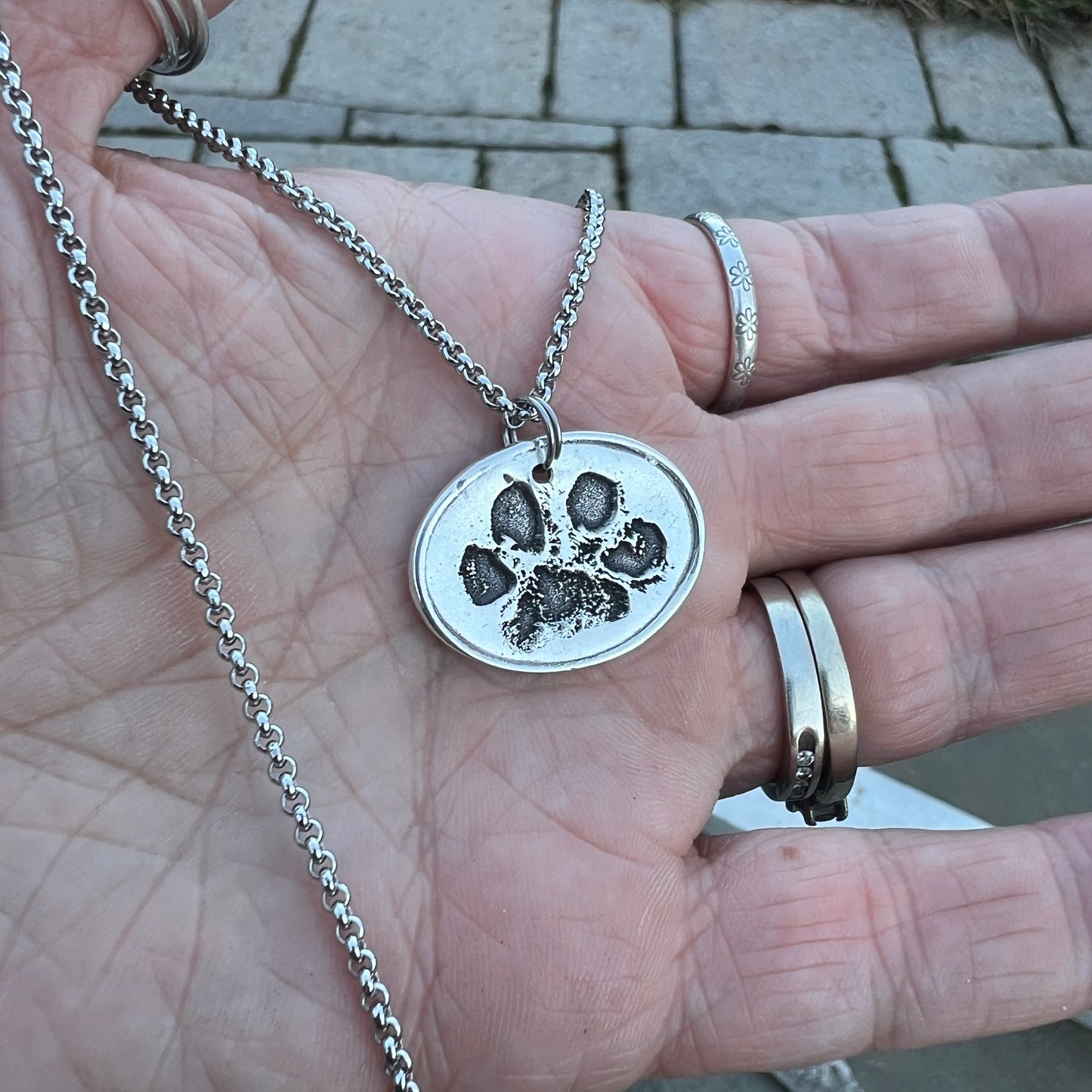 Real Paw Print Charm Necklace in Sterling Silver, Oval Shape