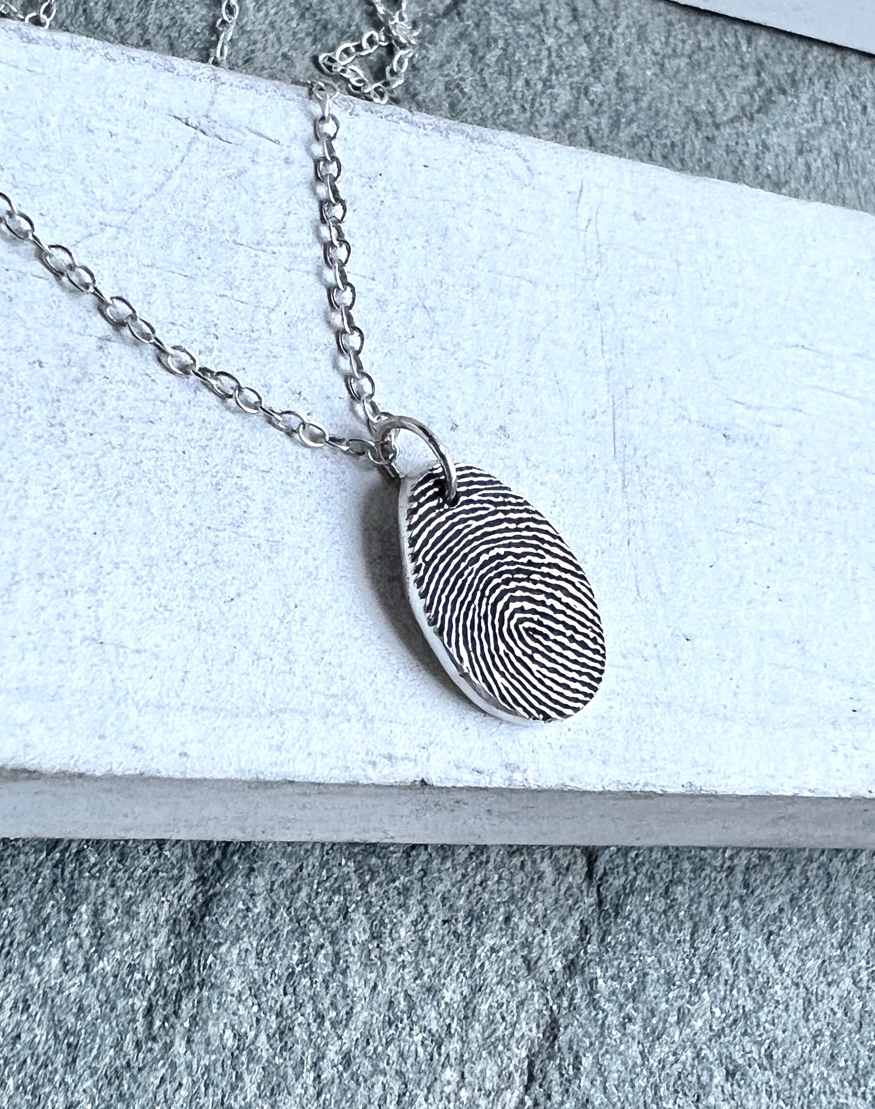 Thumbprint Necklace, Small Teardrop shape, Solid Silver Charm