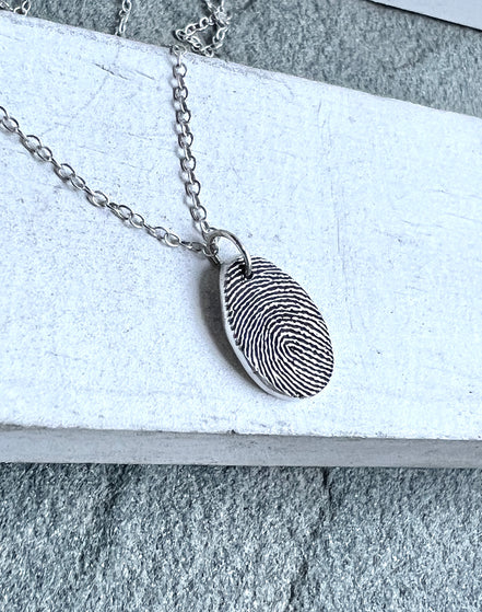 Thumbprint Necklace, Small Teardrop shape, Solid Silver Charm