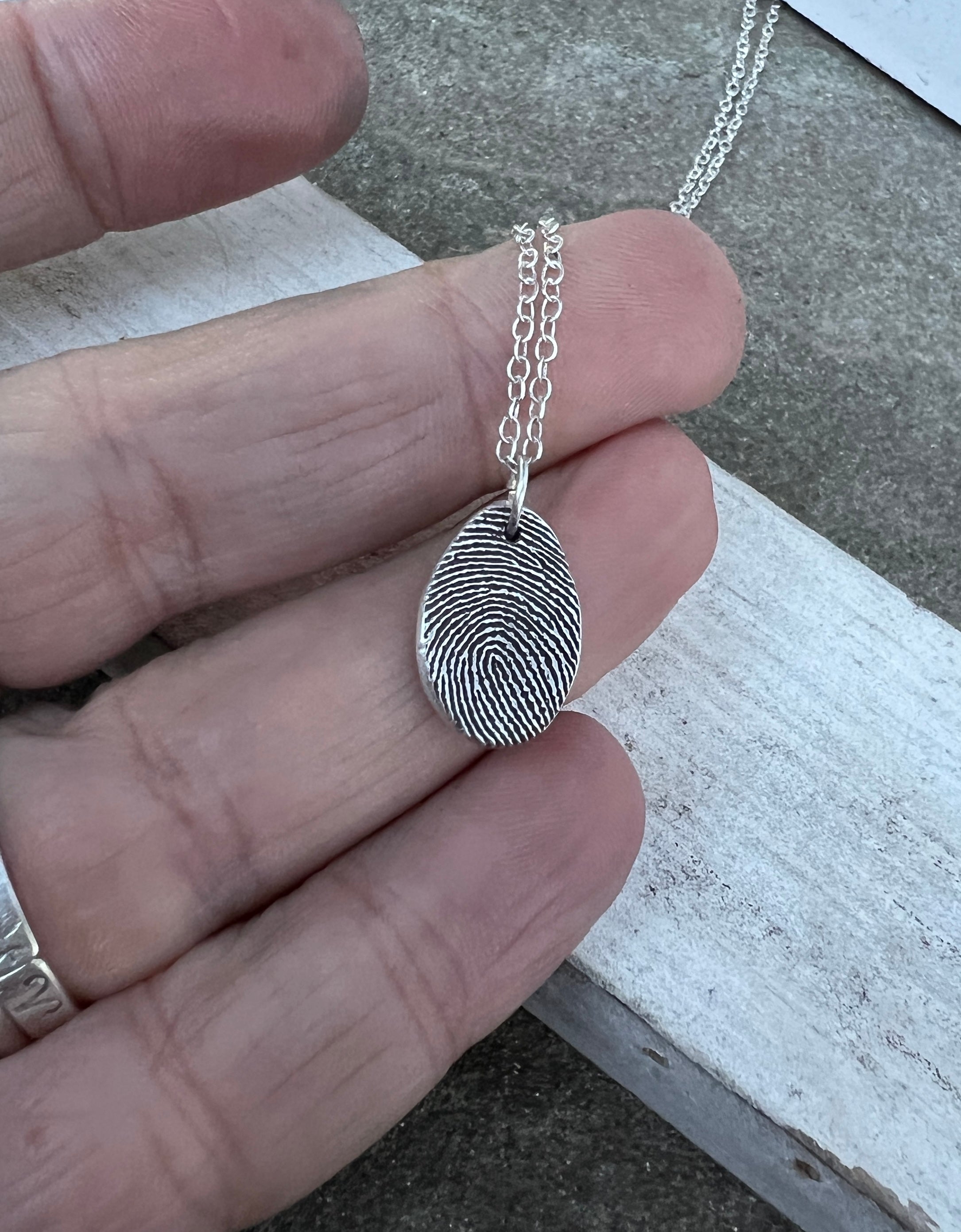 Thumbprint Necklace, Small Teardrop shape, Solid Silver Charm
