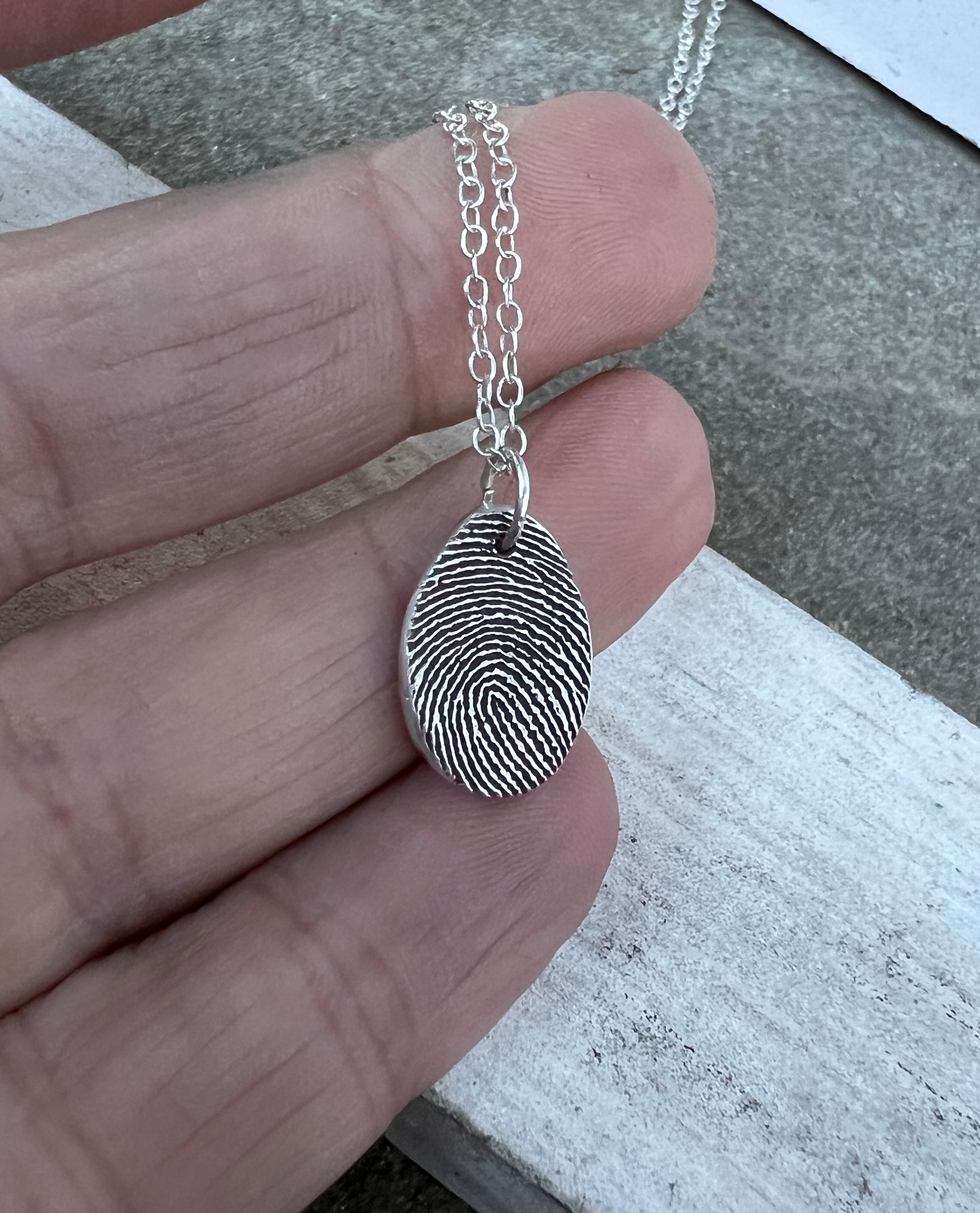 Thumbprint Necklace, Small Teardrop shape, Solid Silver Charm