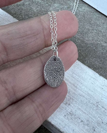 Thumbprint Necklace, Small Teardrop shape, Solid Silver Charm