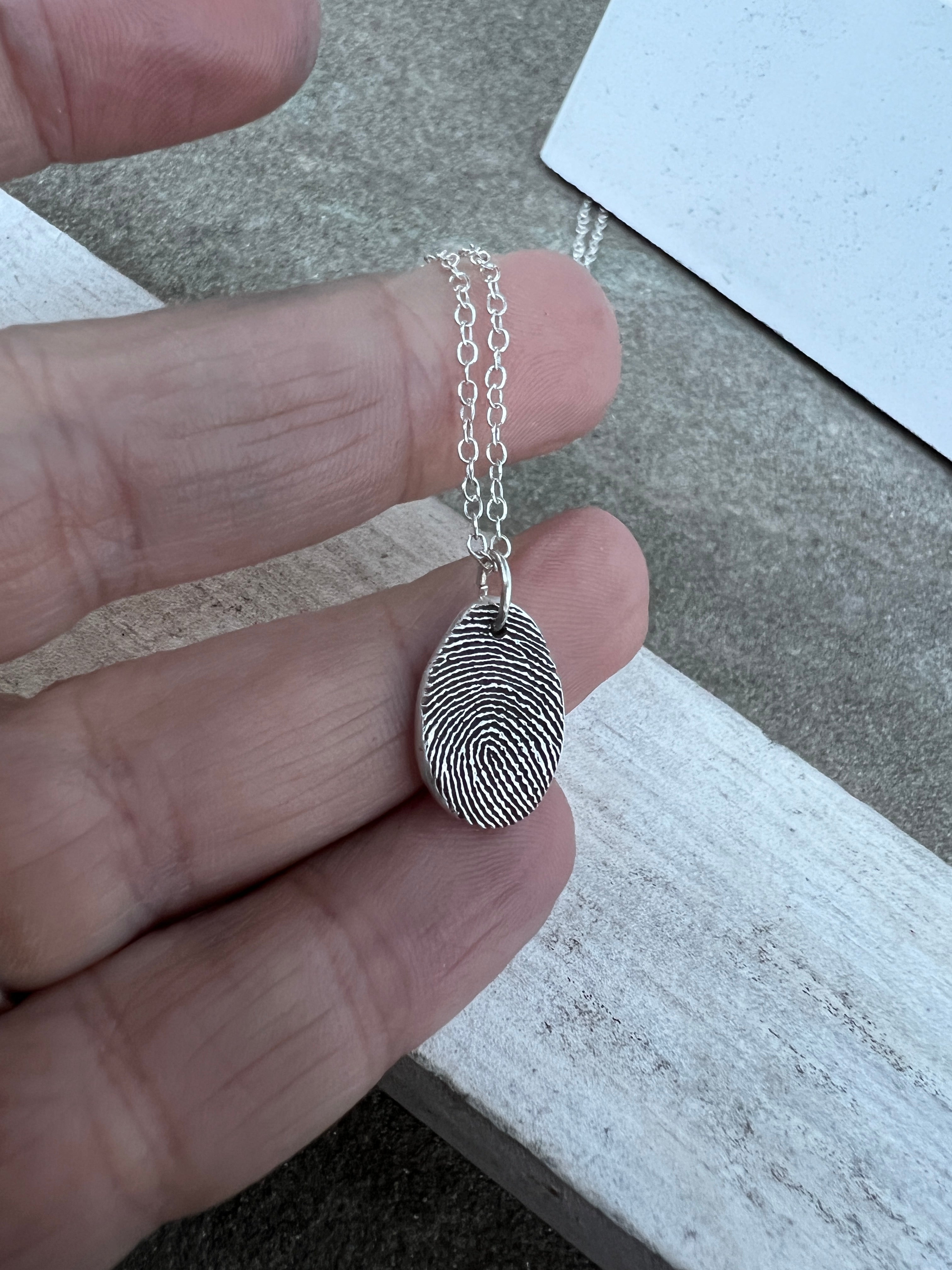 Thumbprint Necklace, Small Teardrop shape, Solid Silver Charm