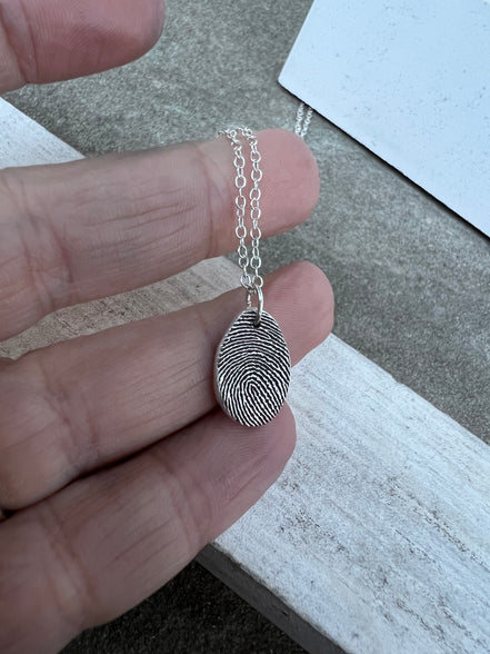 Thumbprint Necklace, Small Teardrop shape, Solid Silver Charm