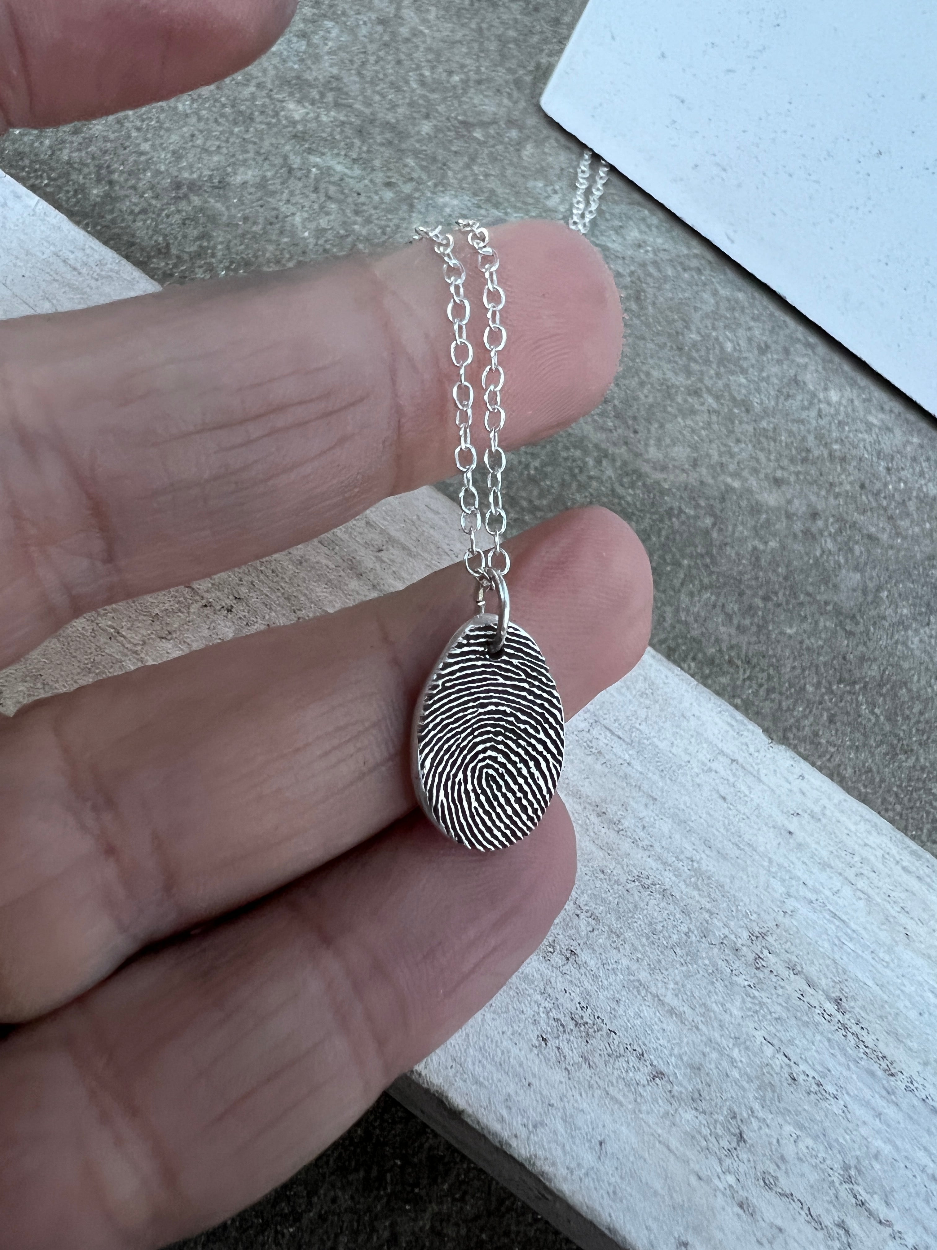 Thumbprint Necklace, Small Teardrop shape, Solid Silver Charm