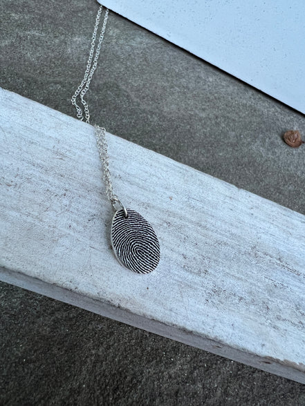 Thumbprint Necklace, Small Teardrop shape, Solid Silver Charm