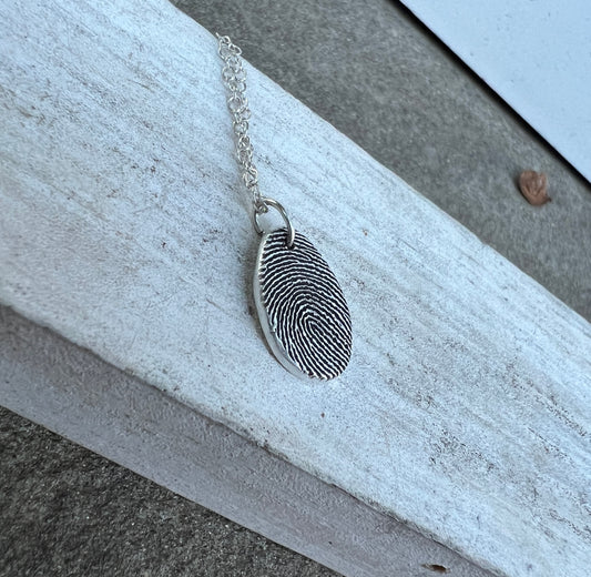 Thumbprint Necklace, Small Teardrop shape, Solid Silver Charm