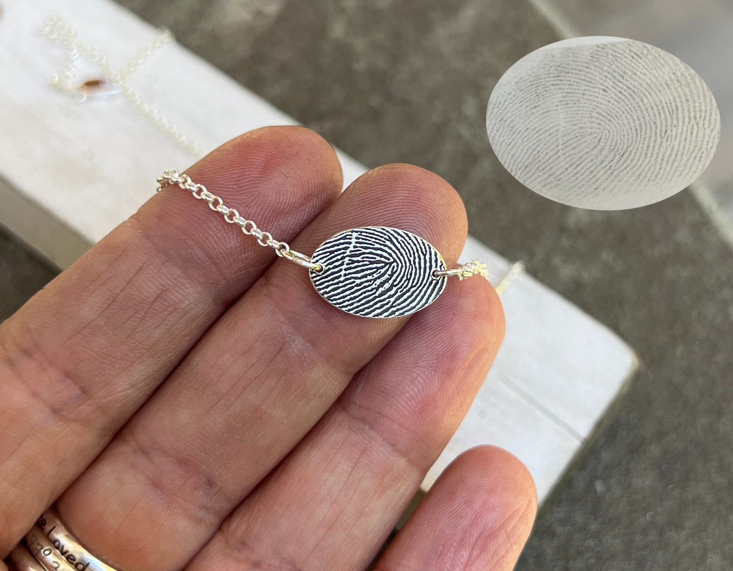 Fingerprint Necklace with Handwriting on the Back, Solid Sterling Silver