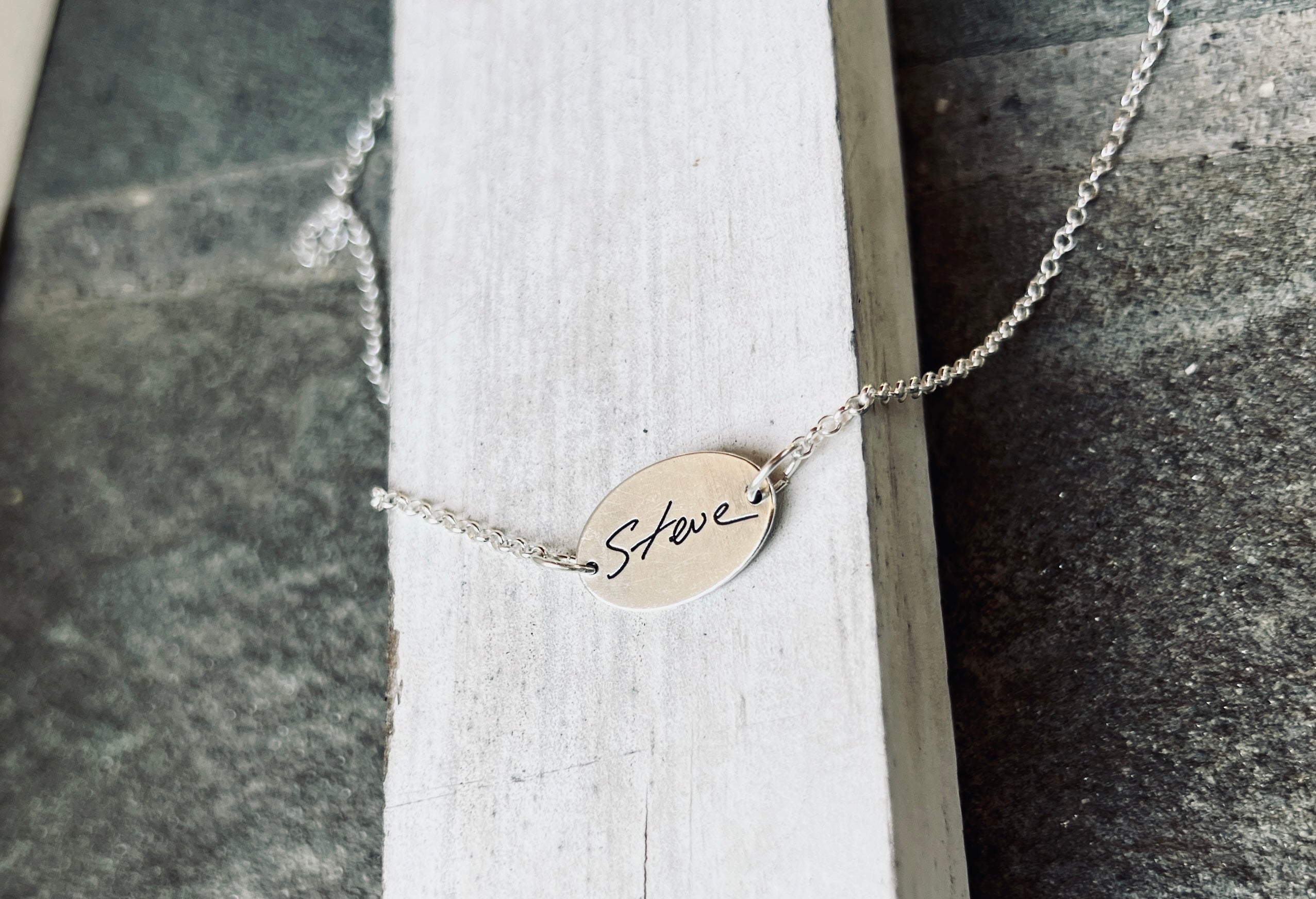 Fingerprint Necklace with Handwriting on the Back, Solid Sterling Silver